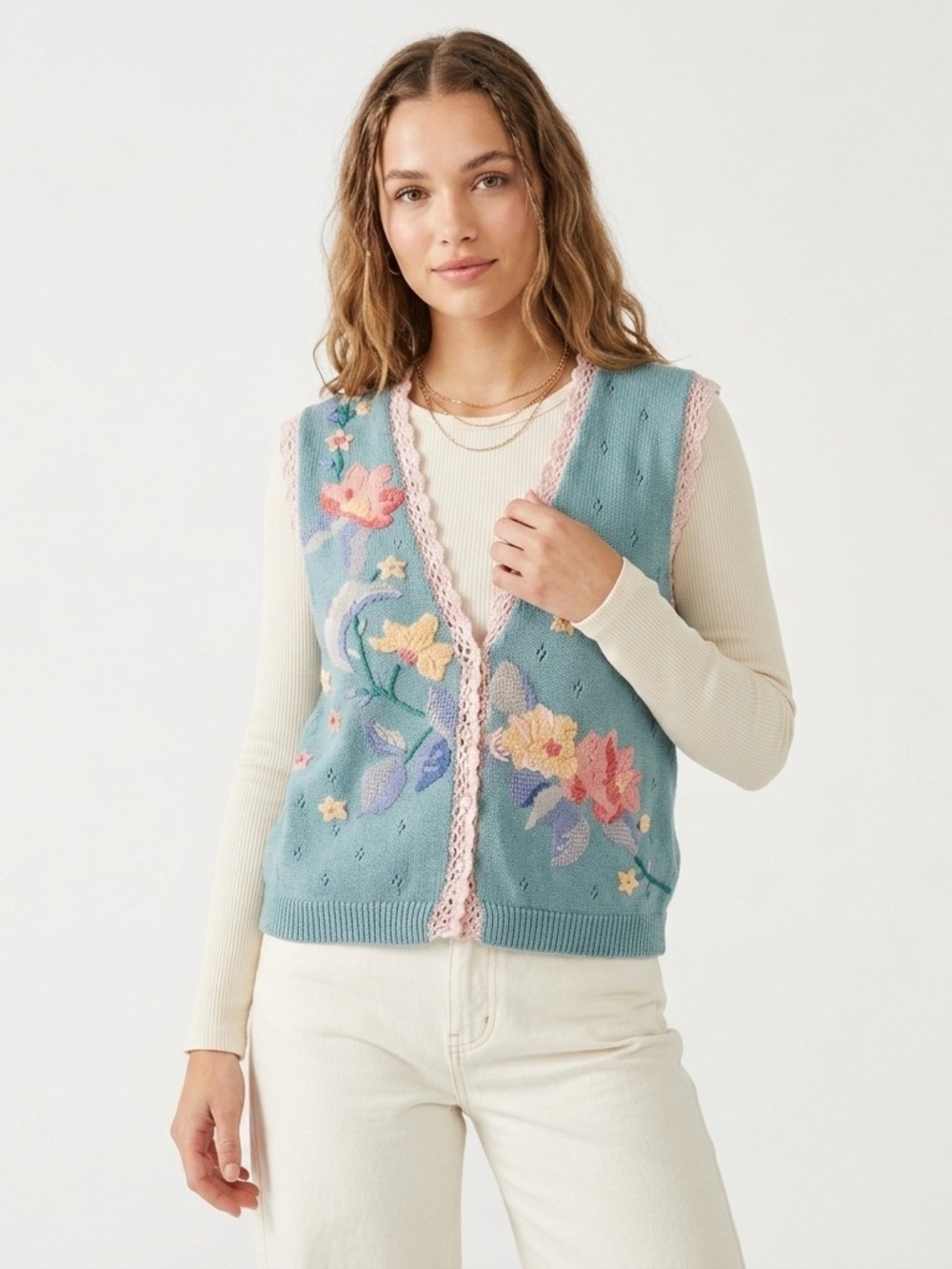 Koret Petites Vintage Grannycore Floral Crochet Knit Vest Blue PM